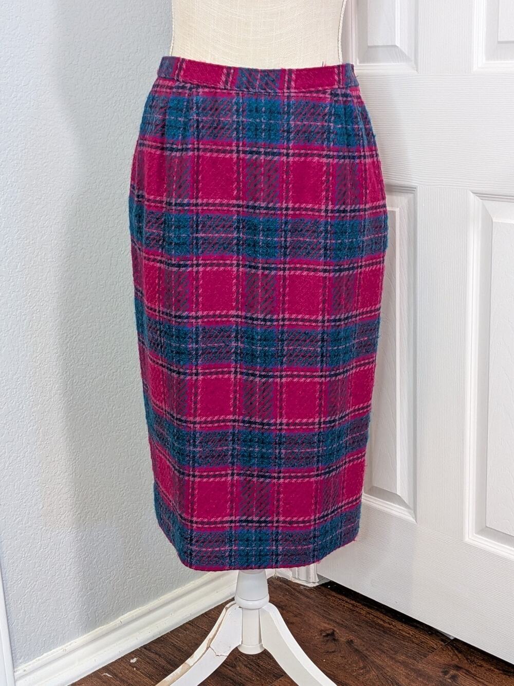 Rare VTG Pendleton Checkered Plaid Fully Lined Flannel Skirt 80s Pink Blue Sz 10